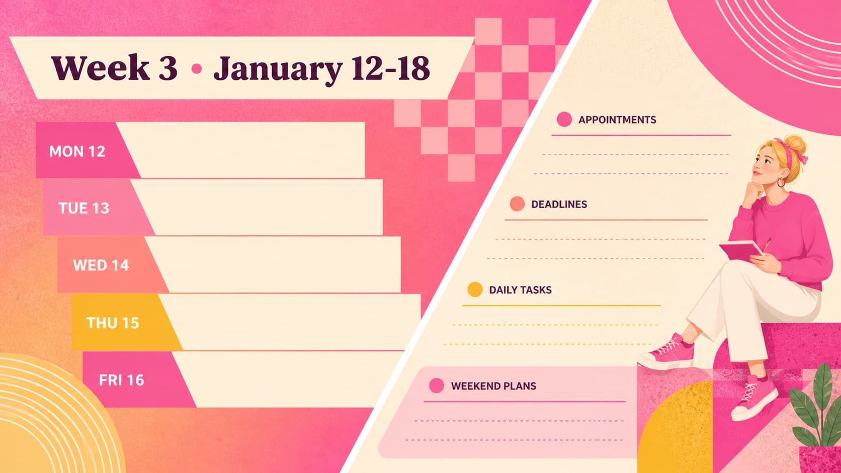 Pink geometric weekly planner for January 12 through 18 with appointments and deadline fields.