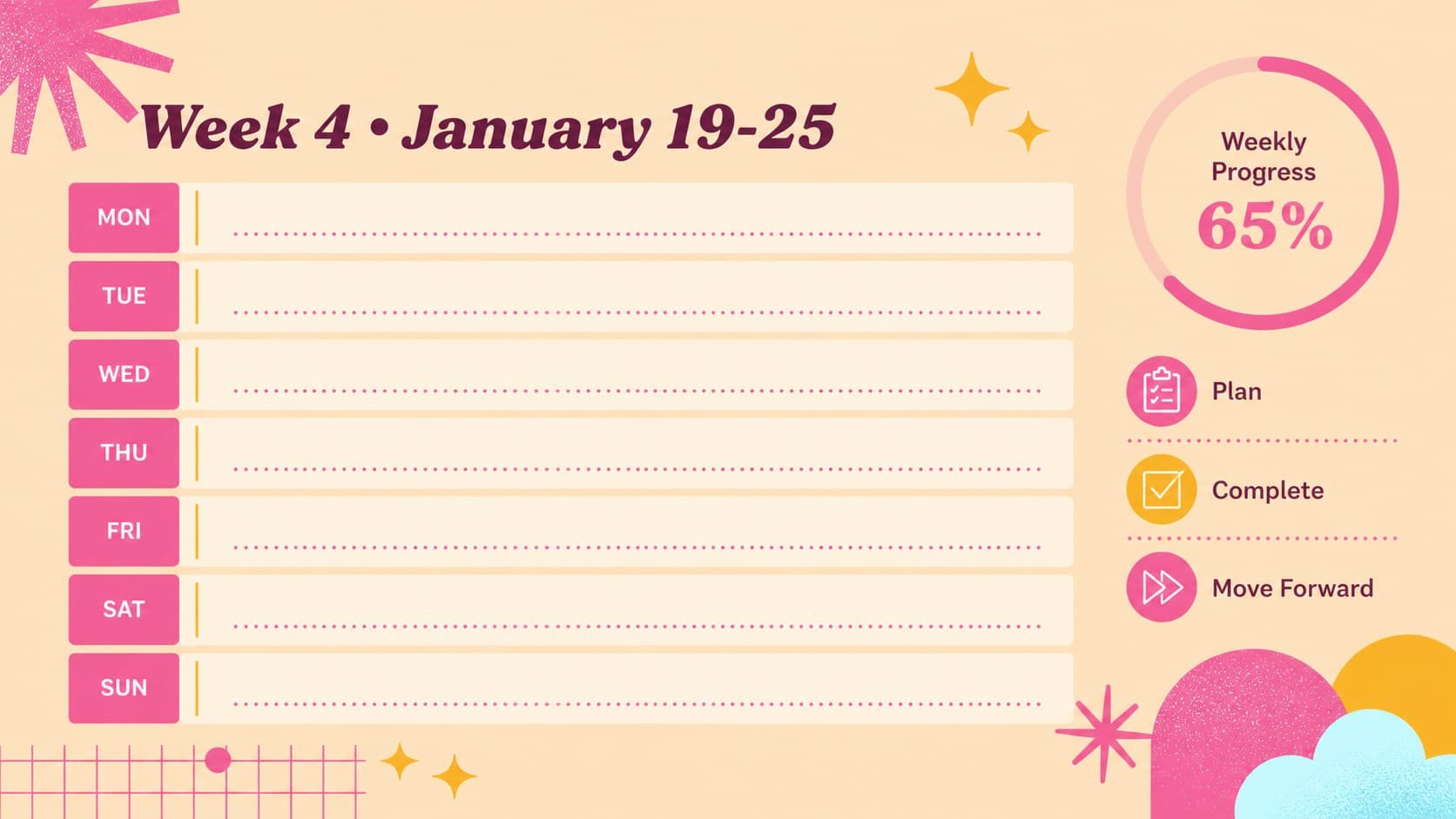 January 19 through 25 weekly schedule with seven day rows and a pink progress tracker.