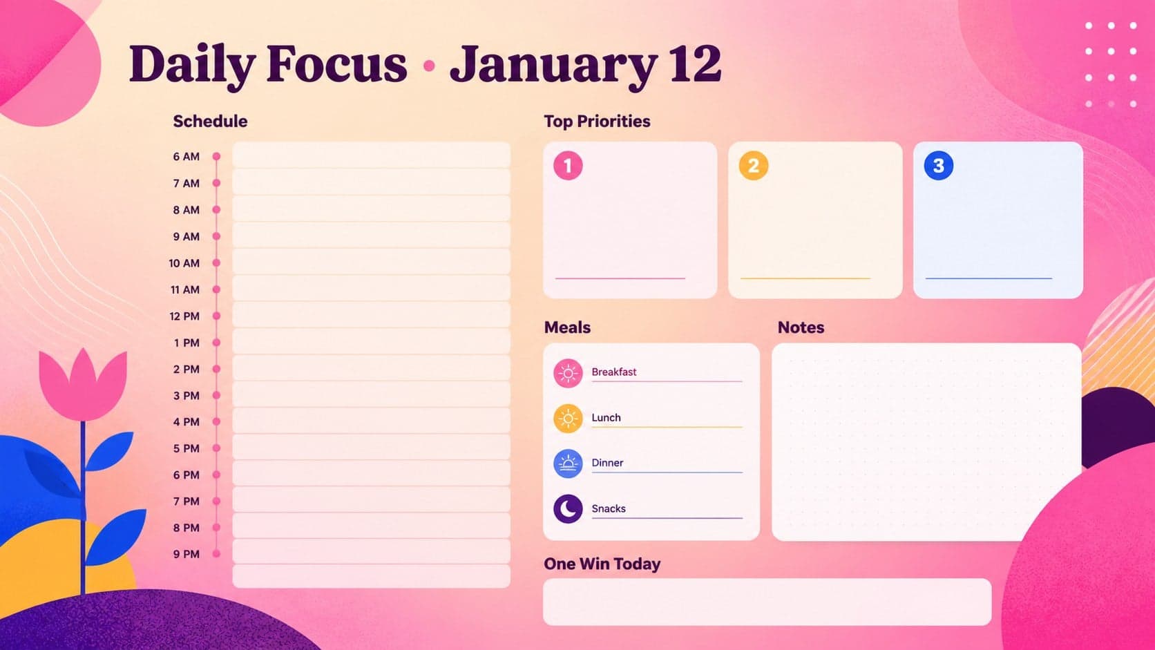 Focused daily agenda slide for January 12 with schedule, priorities, meals, and notes.