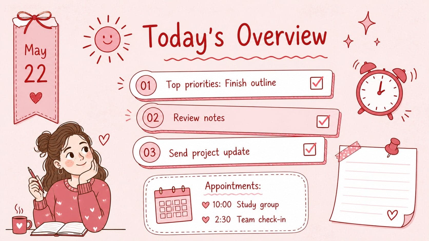 Daily overview slide with priorities, appointments, and notes in a pink doodle schedule presentation.