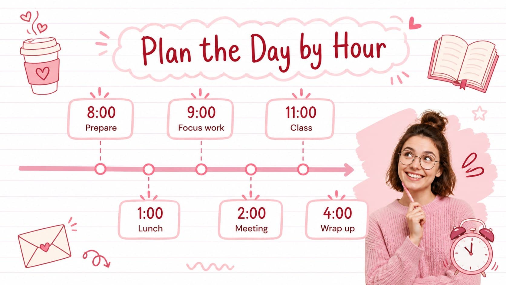 Hourly schedule page from an editable daily agenda slide deck with pastel pink time blocks.