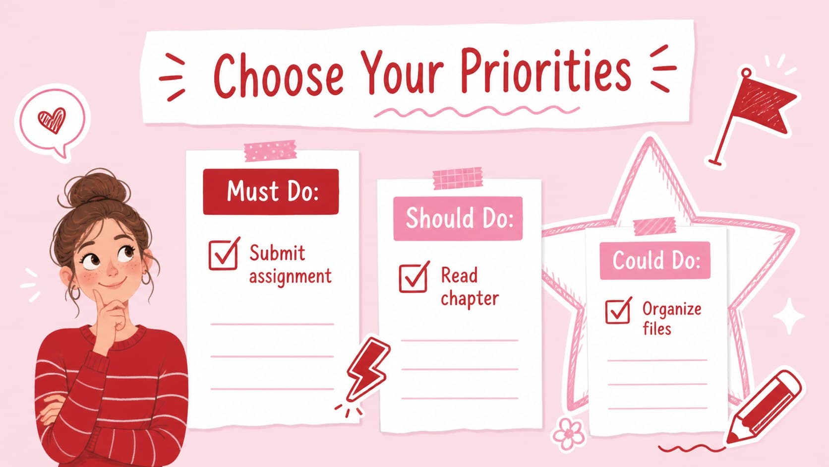 Student priority checklist with three task levels in a cute student organization template.