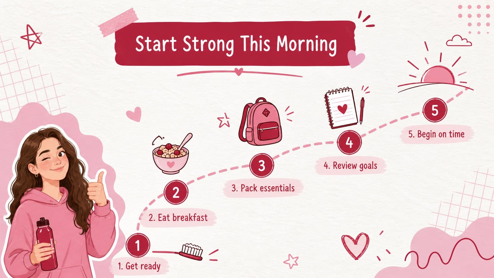 Morning routine planner with step-by-step activities and playful pink hand-drawn icons.
