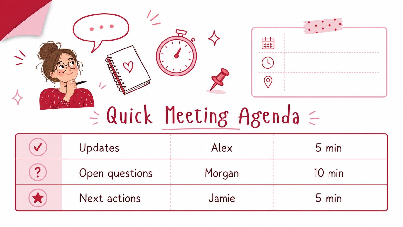 Pastel meeting agenda for Google Slides with topics, owners, and timing columns.