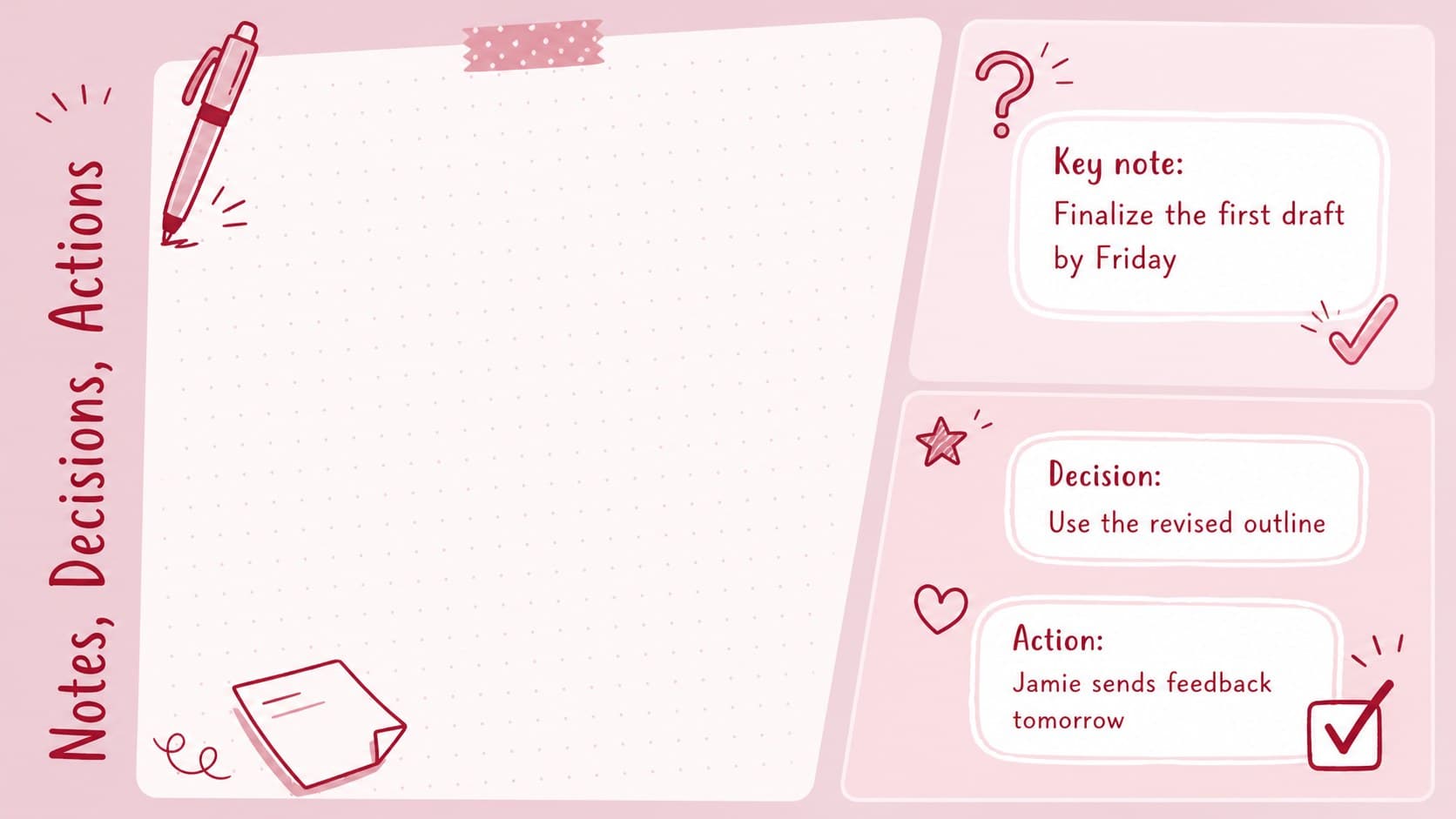 Organized meeting notes page with decisions and action items in a pink sketch day planner.