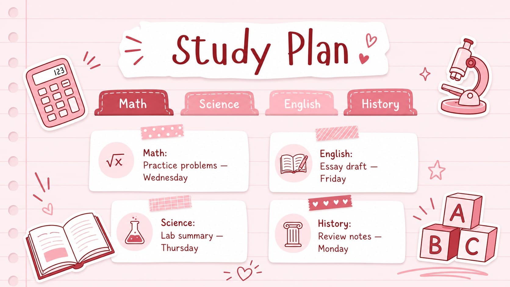 Study planner presentation with subject tasks, deadlines, and completion status.