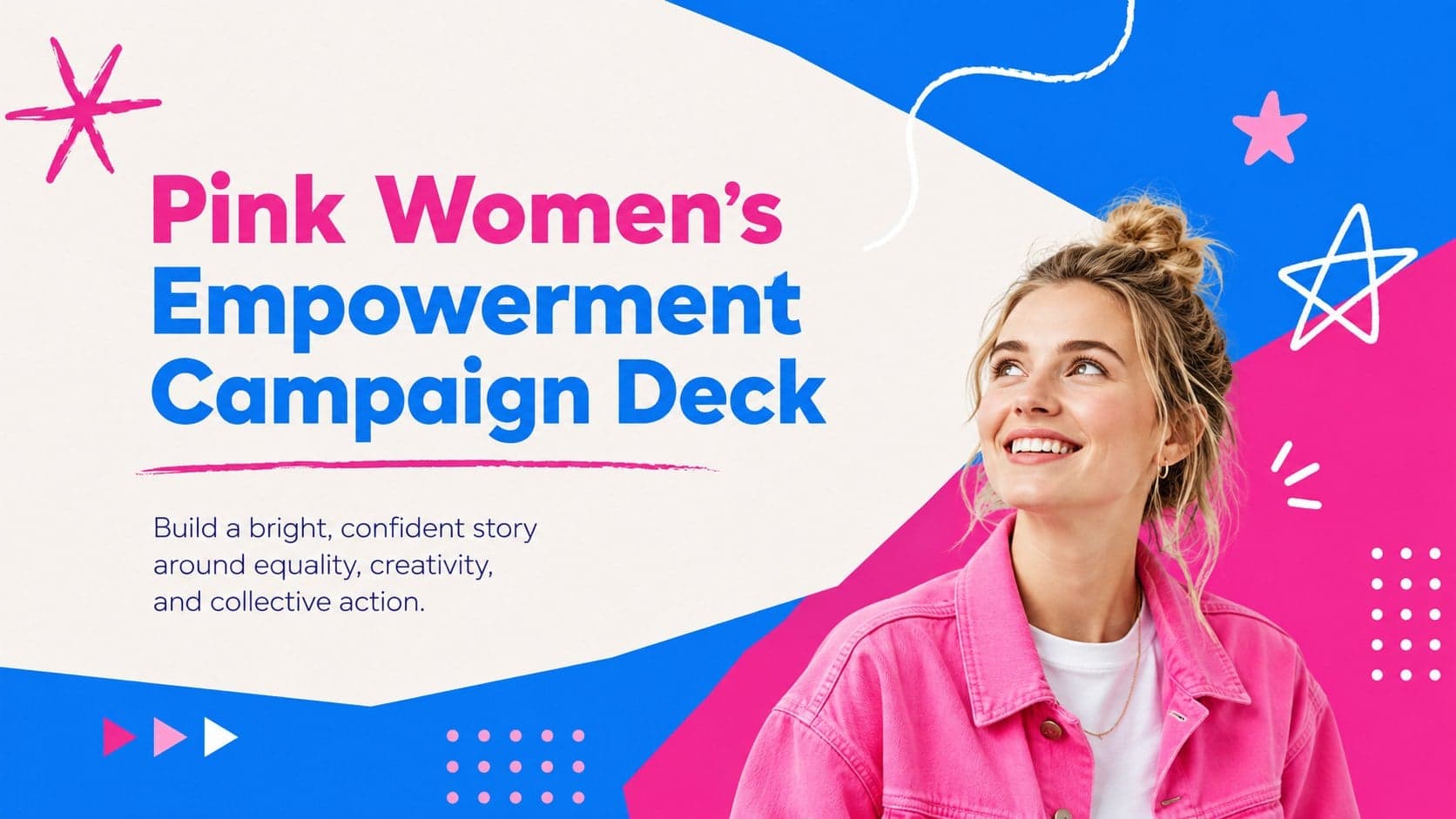 Cover of a pink women's empowerment campaign deck with bold typography and original pop culture-inspired female artwork.