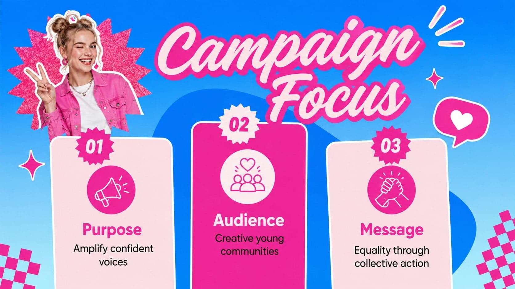 Pink social media campaign slide presenting goals, audience, and message pillars in a modern three-part layout.