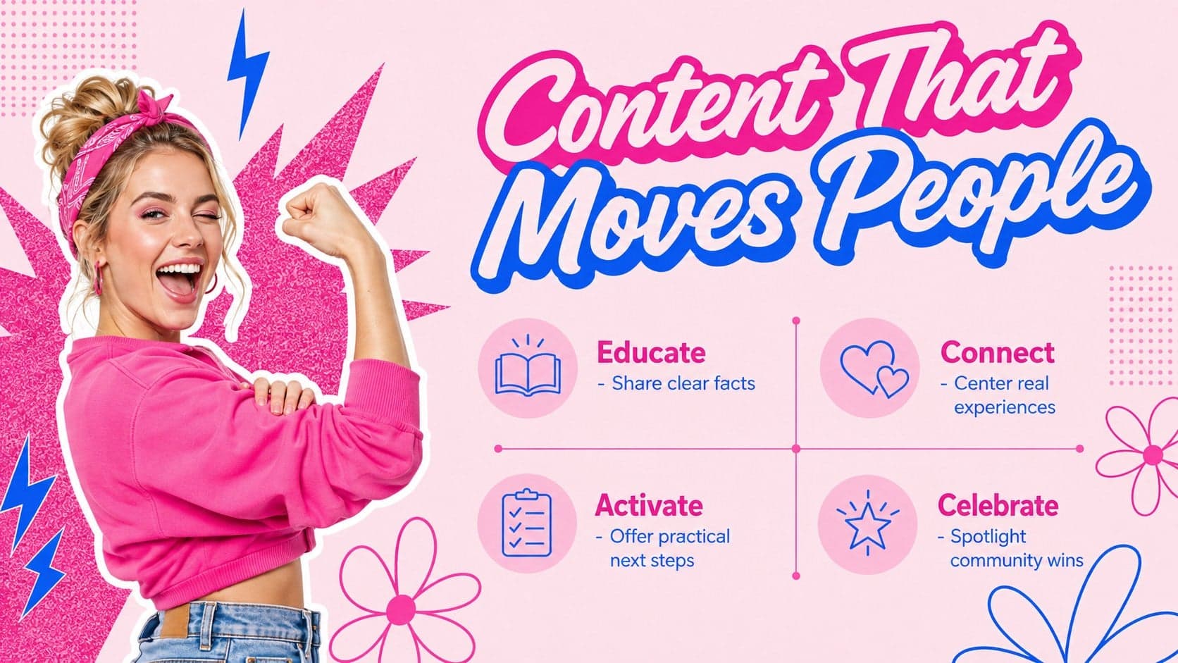 Women's empowerment presentation template slide showing campaign content pillars with bright pink and blue visual accents.