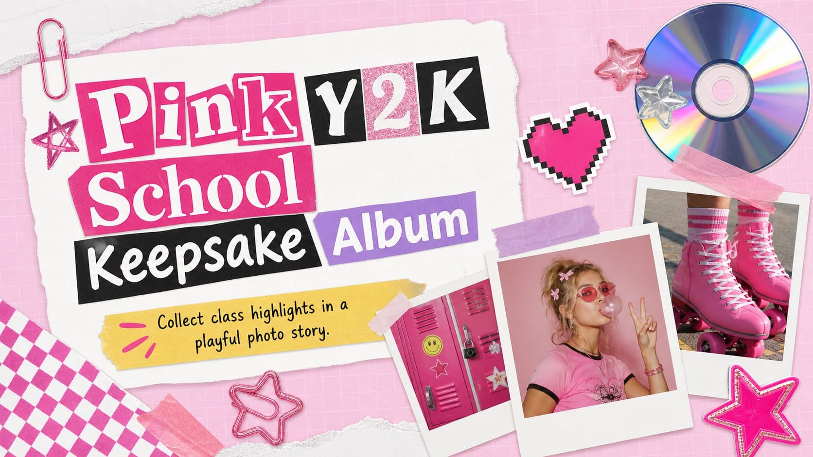 Cover of a Pink Y2K School Keepsake Album with scrapbook photos, pink digital stickers, and layered paper details.