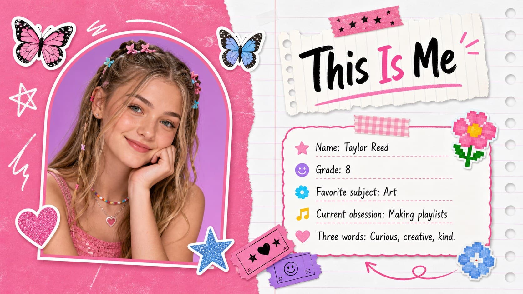 Student profile page from a pink Y2K yearbook presentation with a portrait frame, interests, and personal facts.