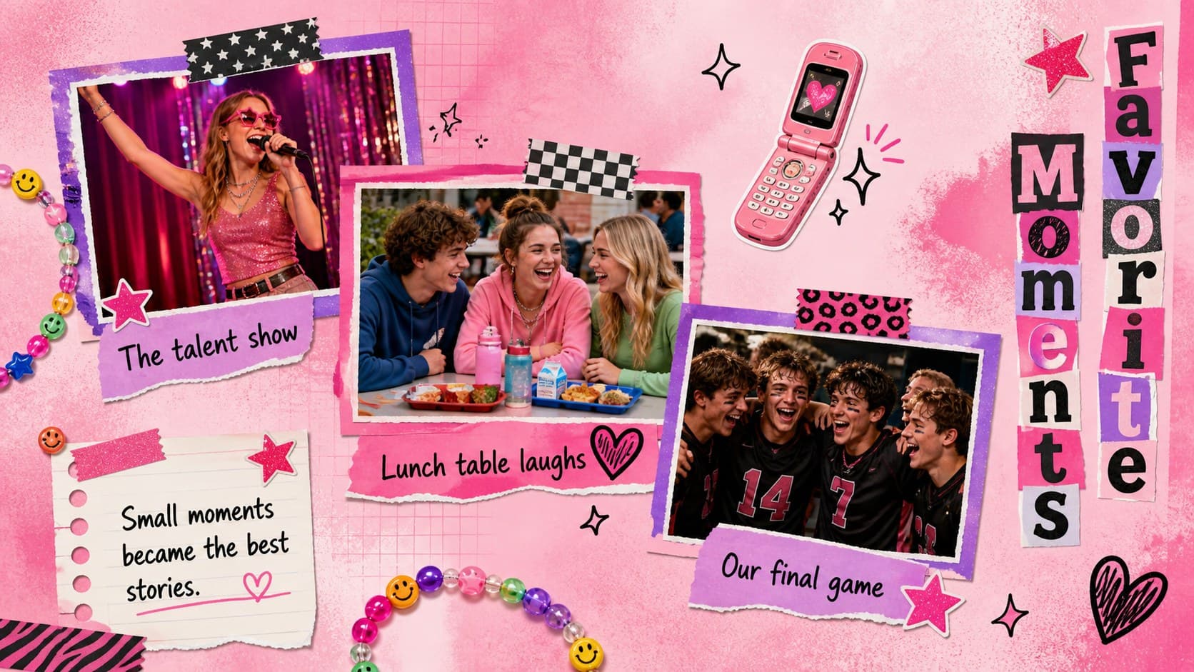 Favorite memories layout in an editable school photo album with three snapshots and short handwritten captions.