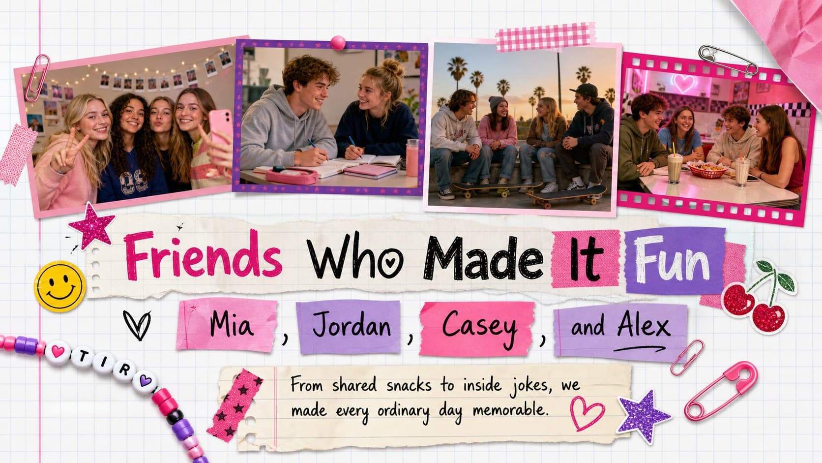 Friendship collage page for a digital school scrapbook template featuring group photos, names, and a friendship quote.