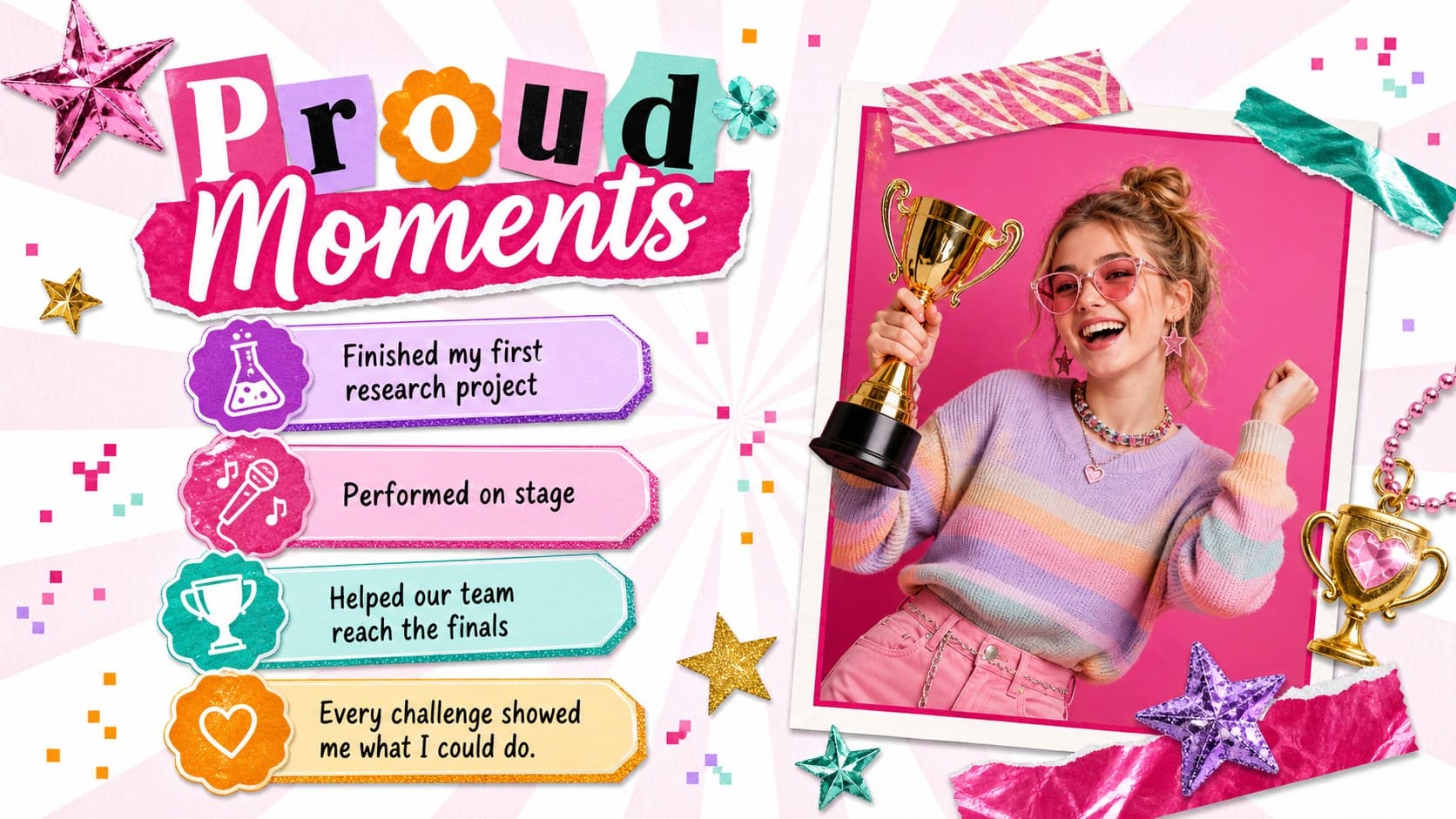 School milestones presentation album page displaying achievements, badges, and a featured accomplishment photo.