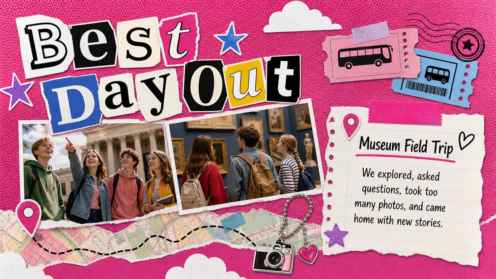 Field trip feature in a Pink Y2K School Keepsake Album with travel photos, a ticket motif, and trip notes.