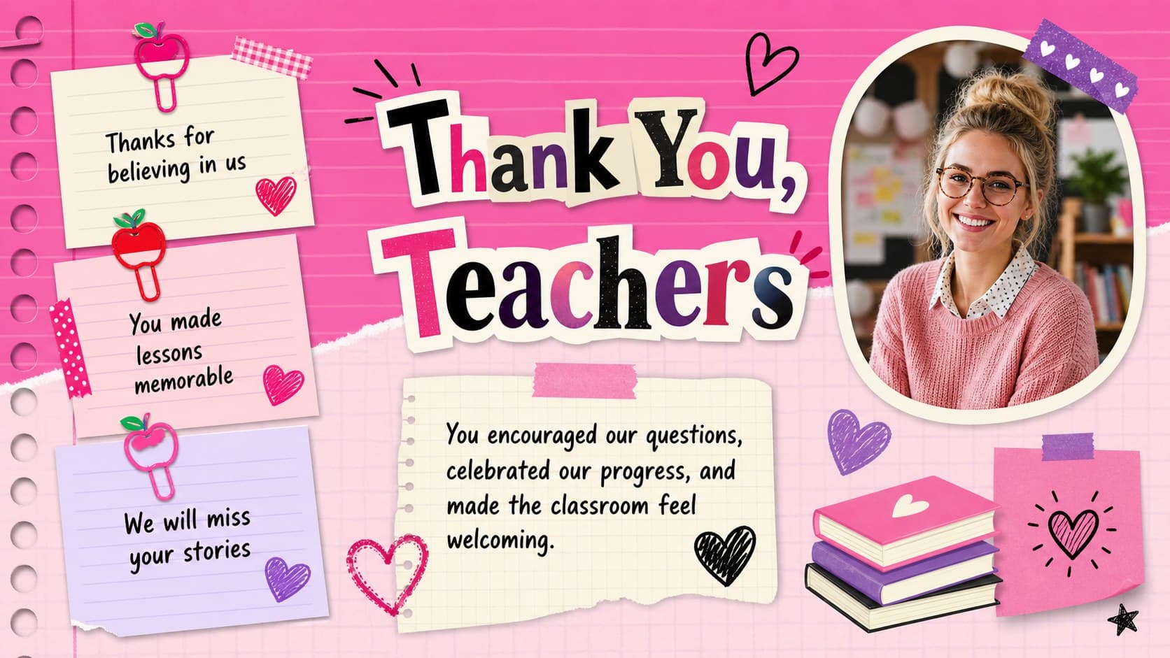 Teacher appreciation page in an end of term class keepsake with a portrait, thank-you message, and student notes.