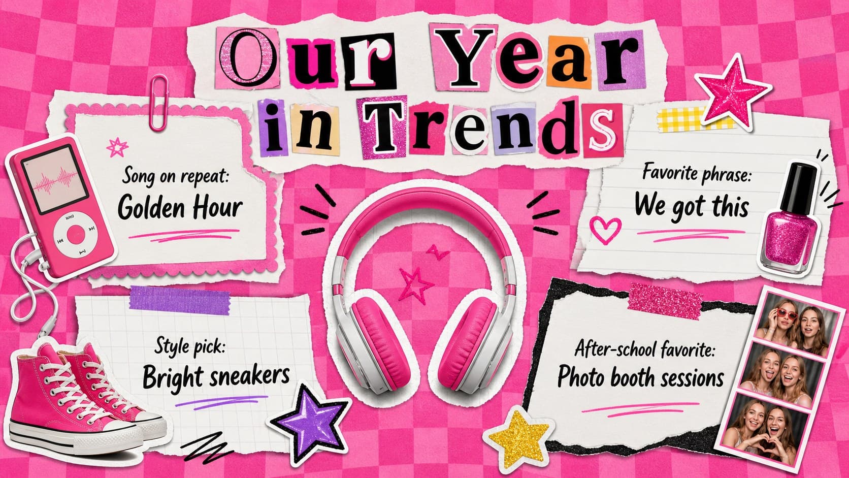 Y2K school trends page featuring favorite songs, phrases, styles, and colorful nostalgic scrapbook graphics.
