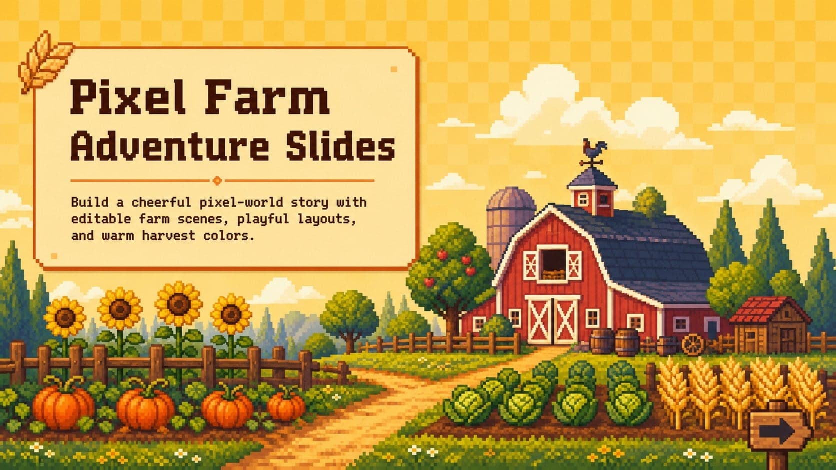 Cover of the Pixel Farm Adventure Slides with a bright pixel countryside, crops, barn, and warm yellow title area.
