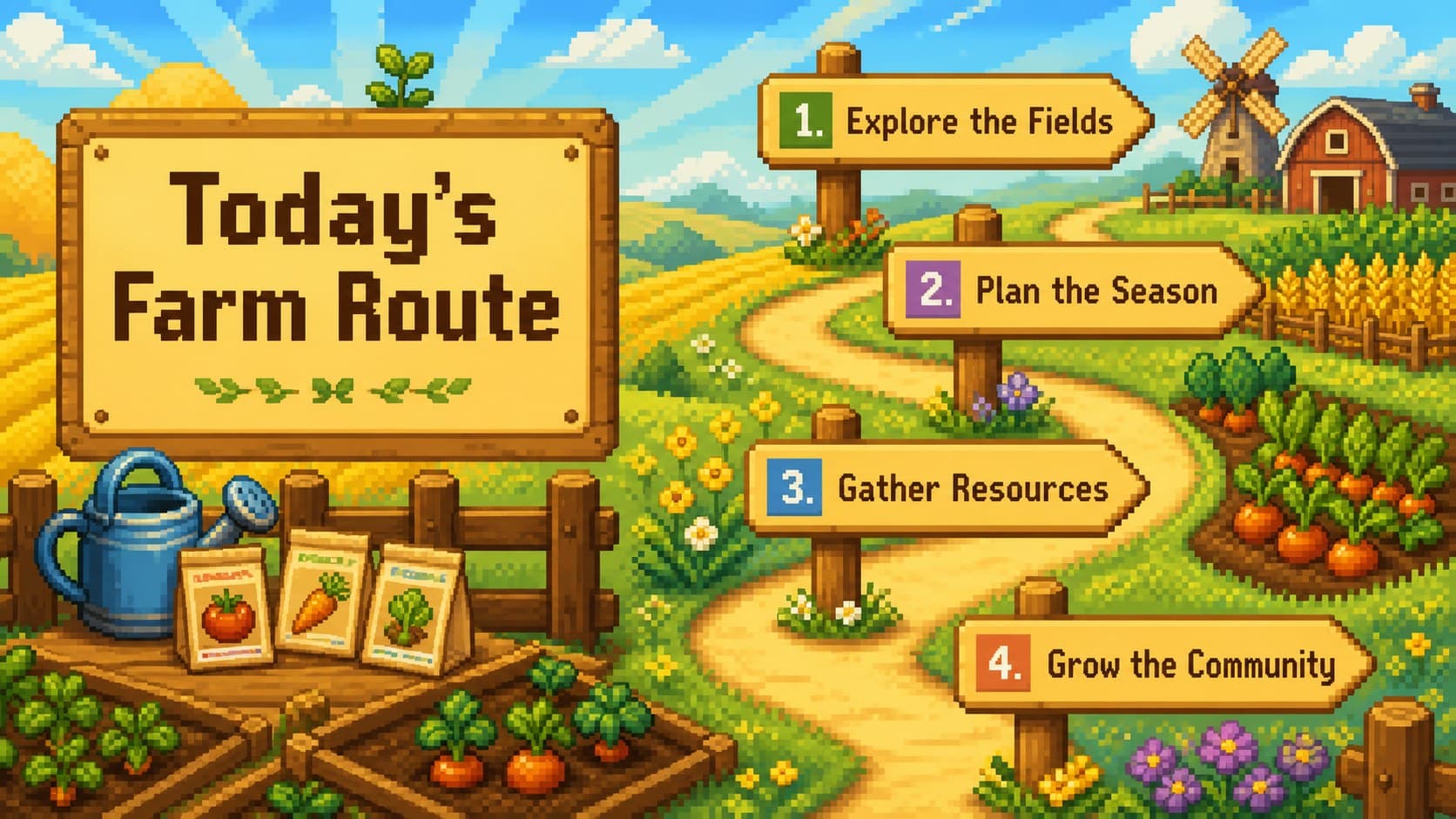 Pixel farm adventure agenda slide presenting the journey through fields, seasons, resources, and community goals.