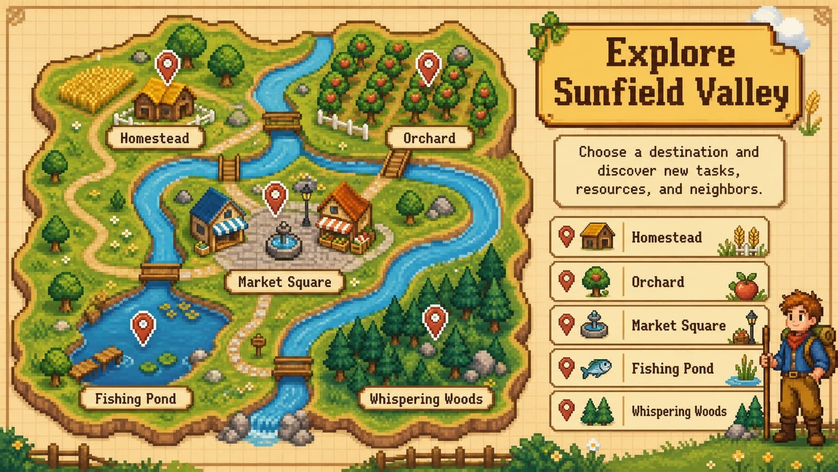 Retro farming game presentation slide showing a pixel map with orchard, pond, market, woodland, and homestead locations.
