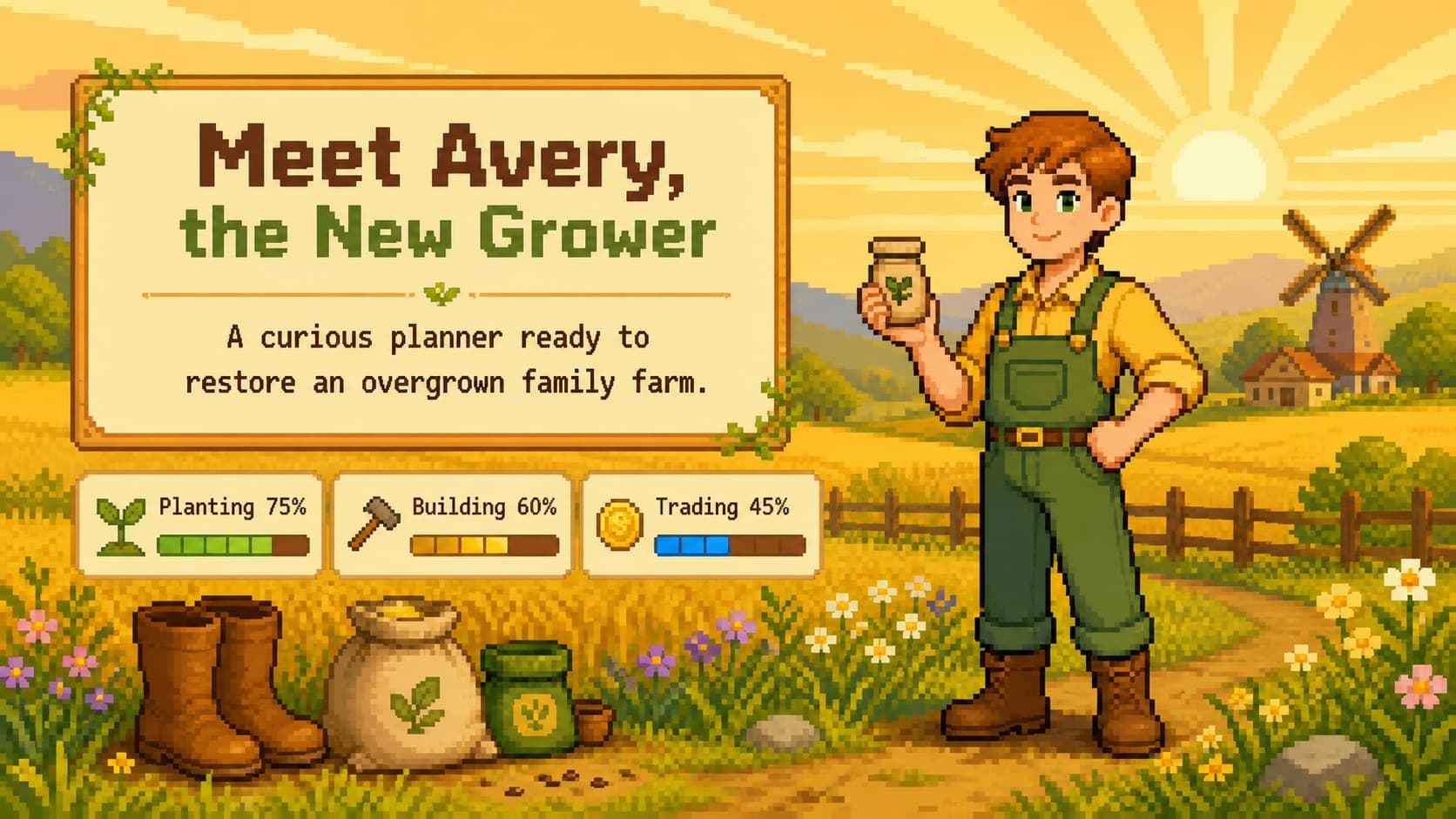 Pixel art agriculture lesson slide introducing an original farmer character beside a profile and skills panel.