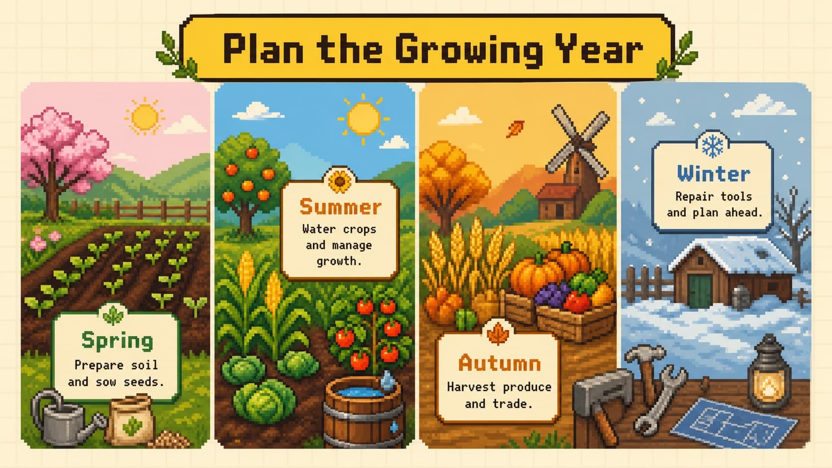 Editable harvest season slideshow page comparing spring, summer, autumn, and winter farming objectives.