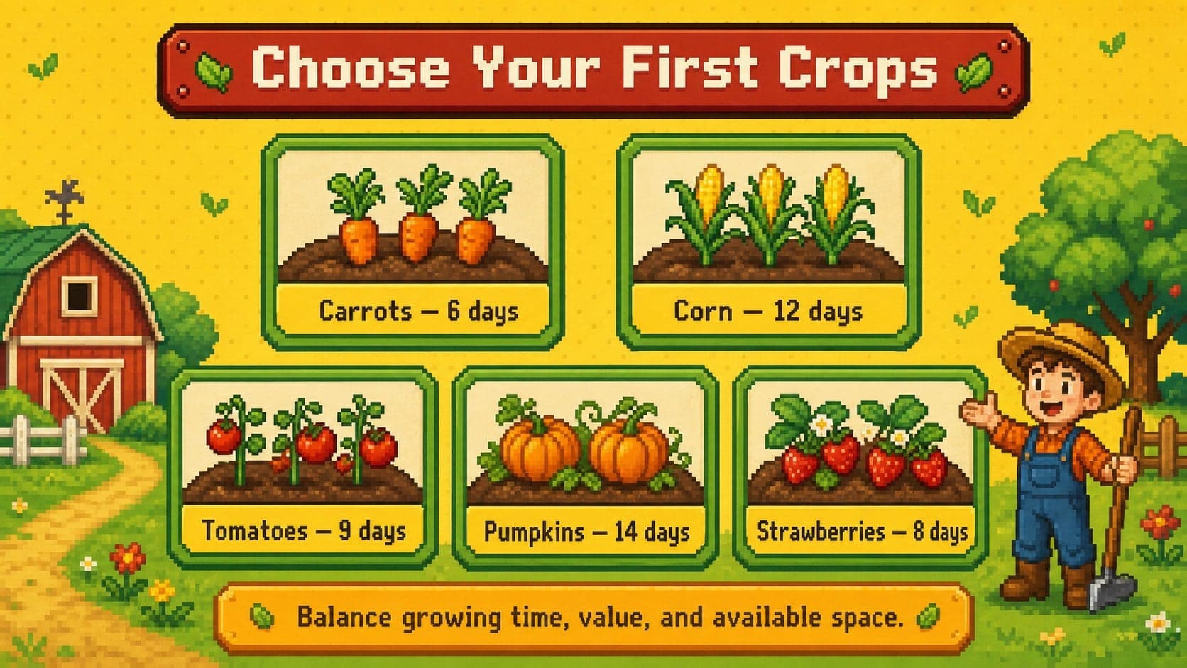 Pixel garden classroom template slide displaying crop cards for carrots, corn, tomatoes, pumpkins, and strawberries.