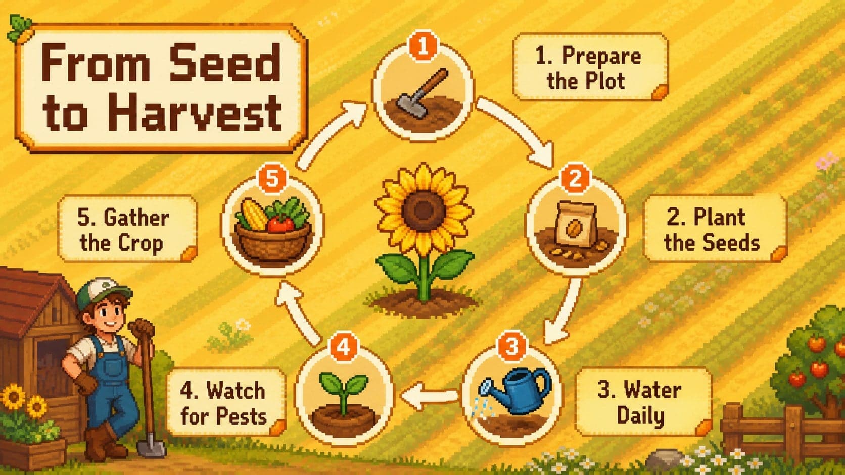 Farm simulation project presentation slide illustrating a five-step pixel planting and harvest cycle.
