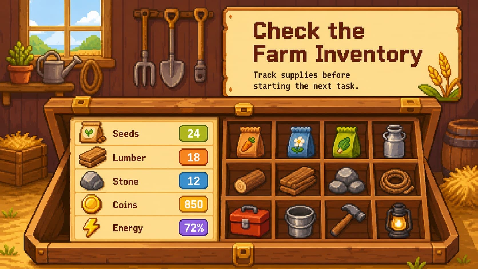 Pixel farm adventure inventory slide listing seeds, lumber, stone, coins, and energy with retro game icons.