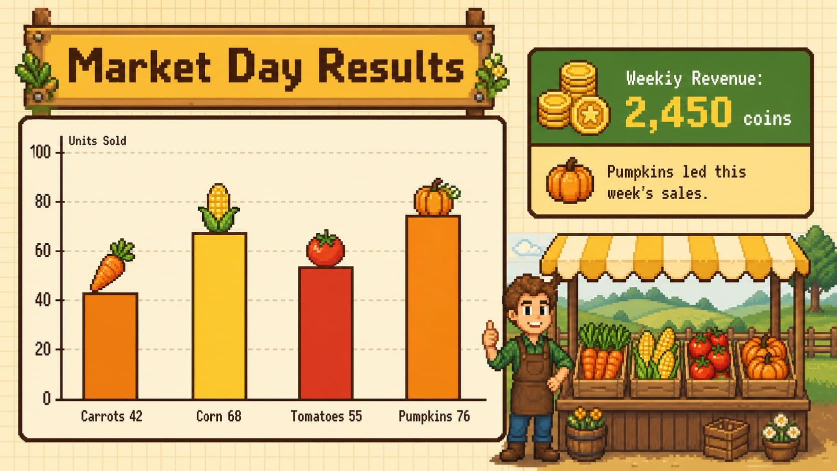 Cozy game concept pitch deck slide with pixel market charts comparing crop demand, price, and weekly revenue.
