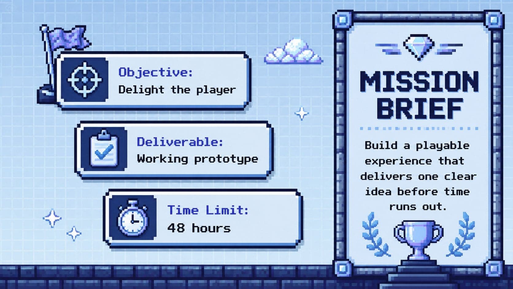 Pixel art mission brief slide outlining the game jam objective, deliverable, and time limit.
