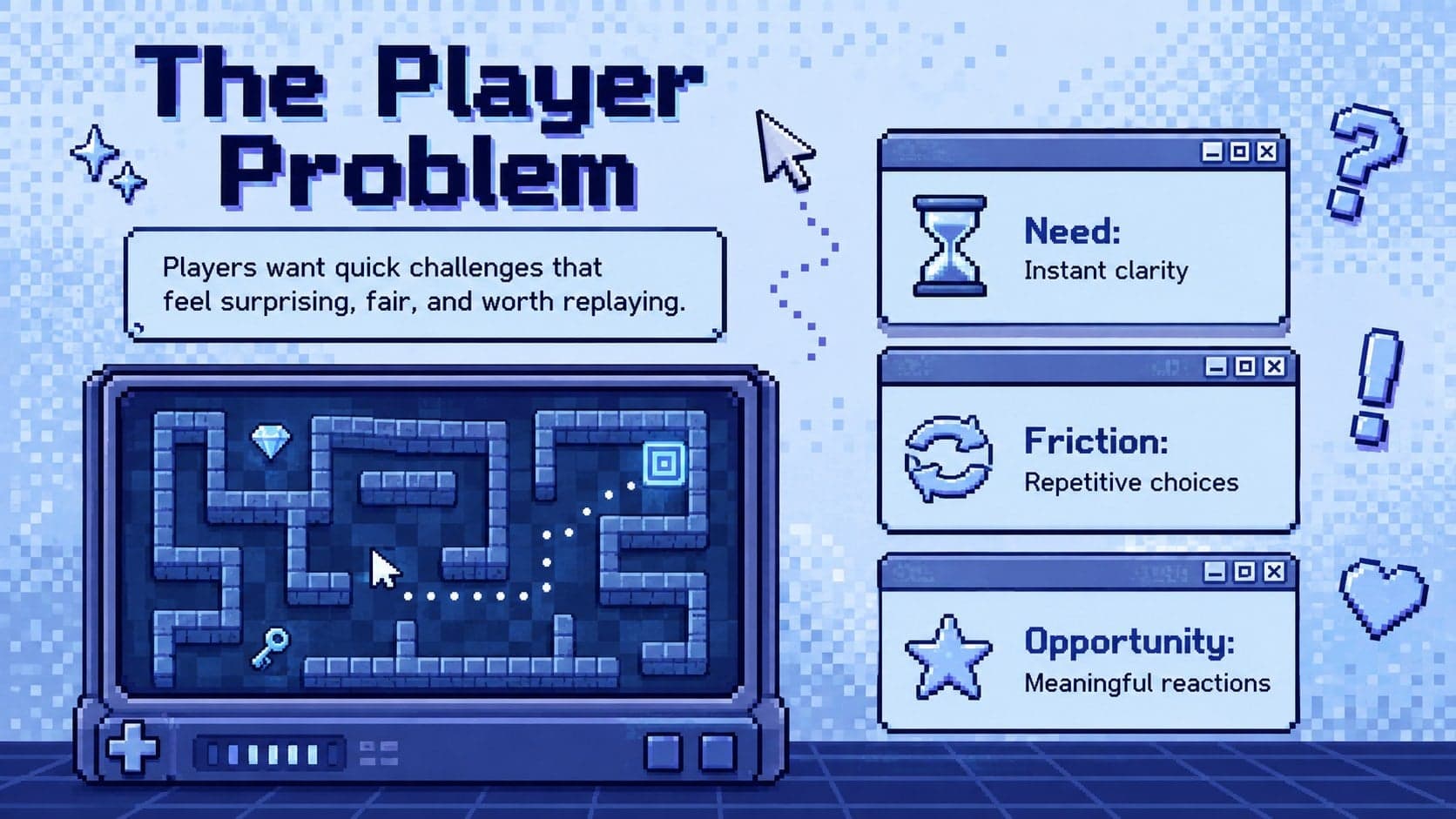 Pixel game design slide defining the target player, frustration, and desired experience.