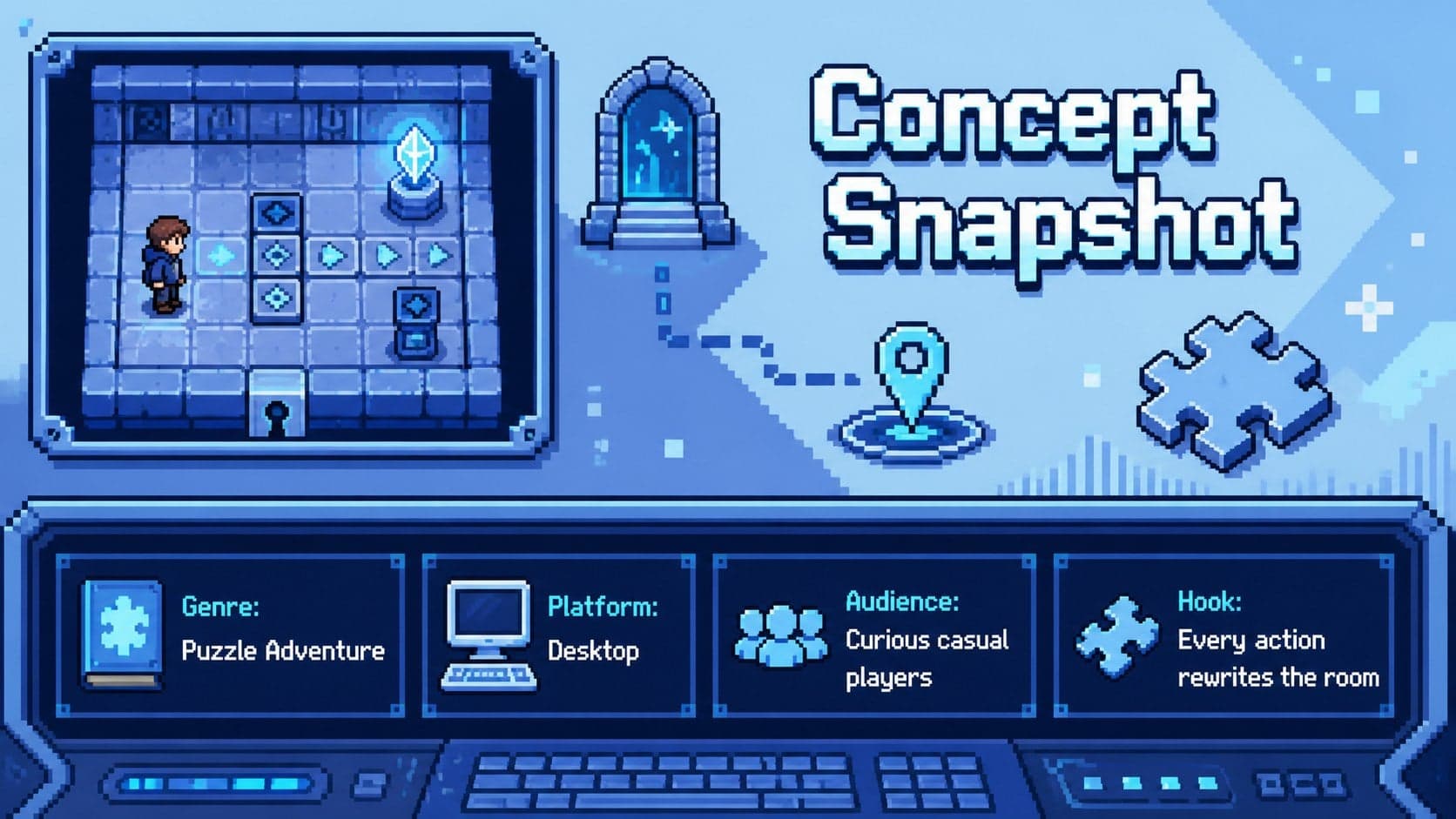 Indie game concept snapshot slide showing genre, platform, audience, and hook.