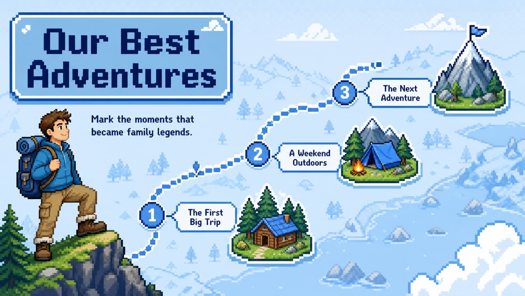 Retro game Father's Day deck slide showing a three-stage timeline of family adventures with Dad.