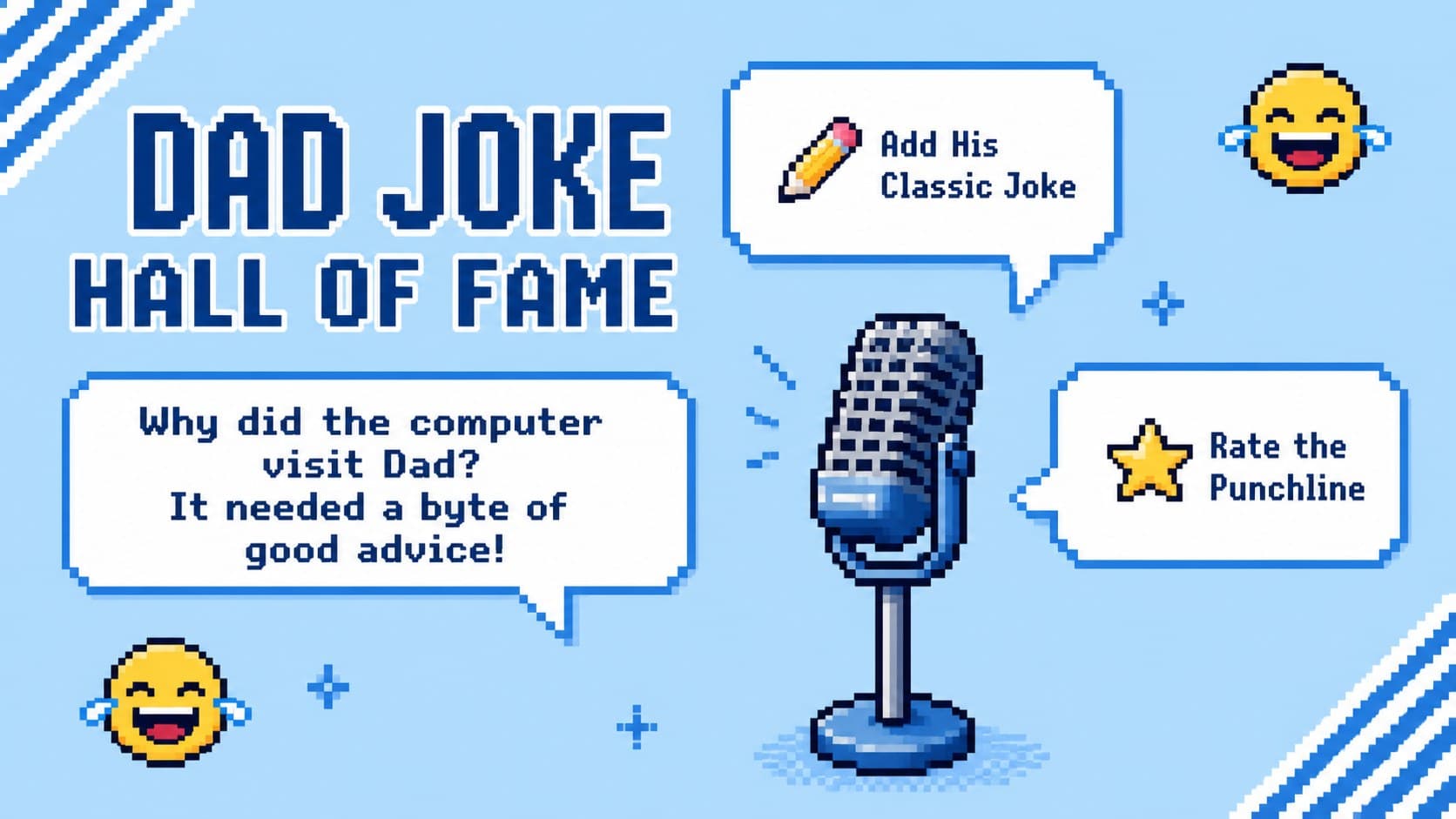 Playful blue pixel slide presenting Dad's funniest jokes in retro speech bubbles.