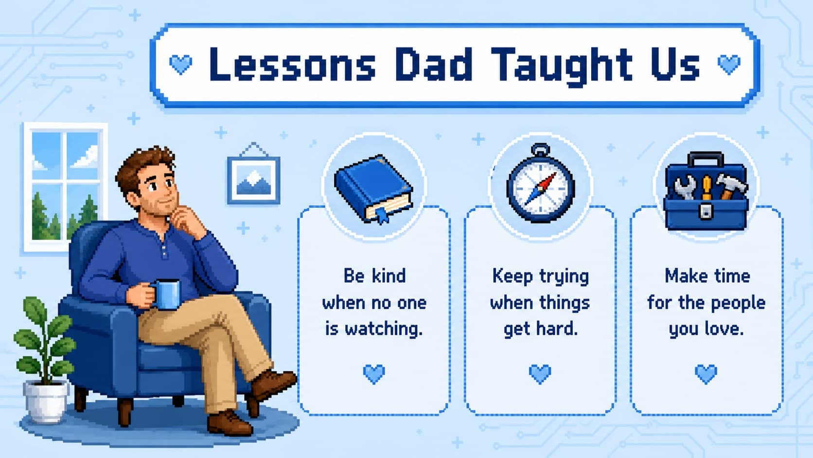 Editable Father's Day tribute slide highlighting three important lessons learned from Dad.