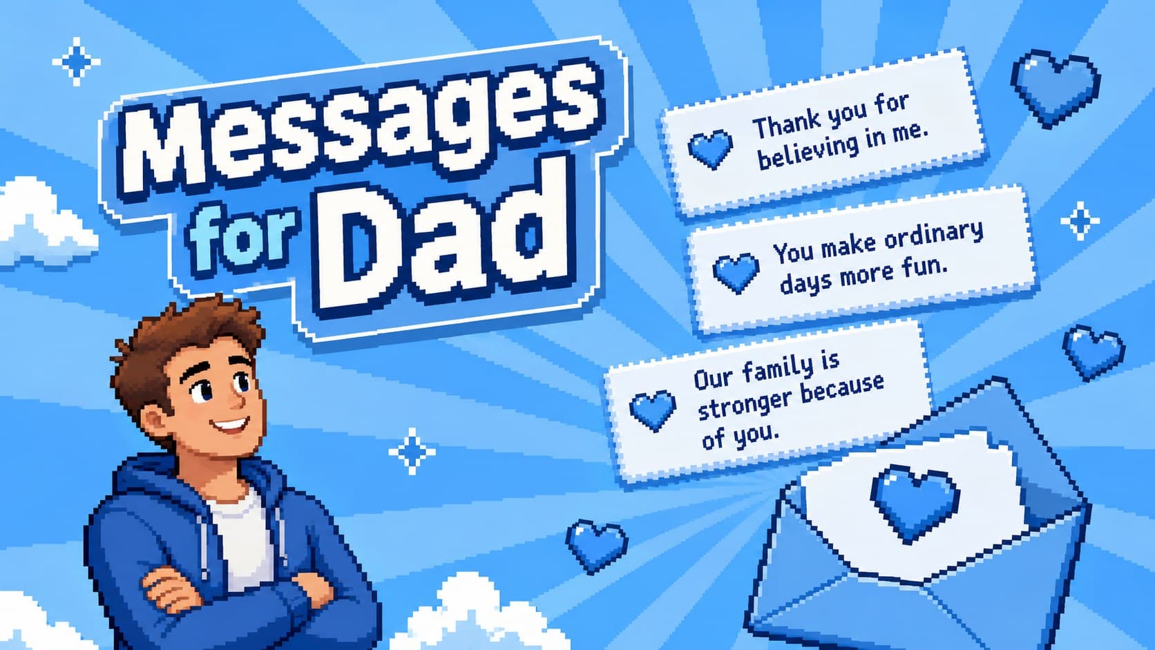 Blue pixel dad appreciation slide displaying short thank-you messages from family members.