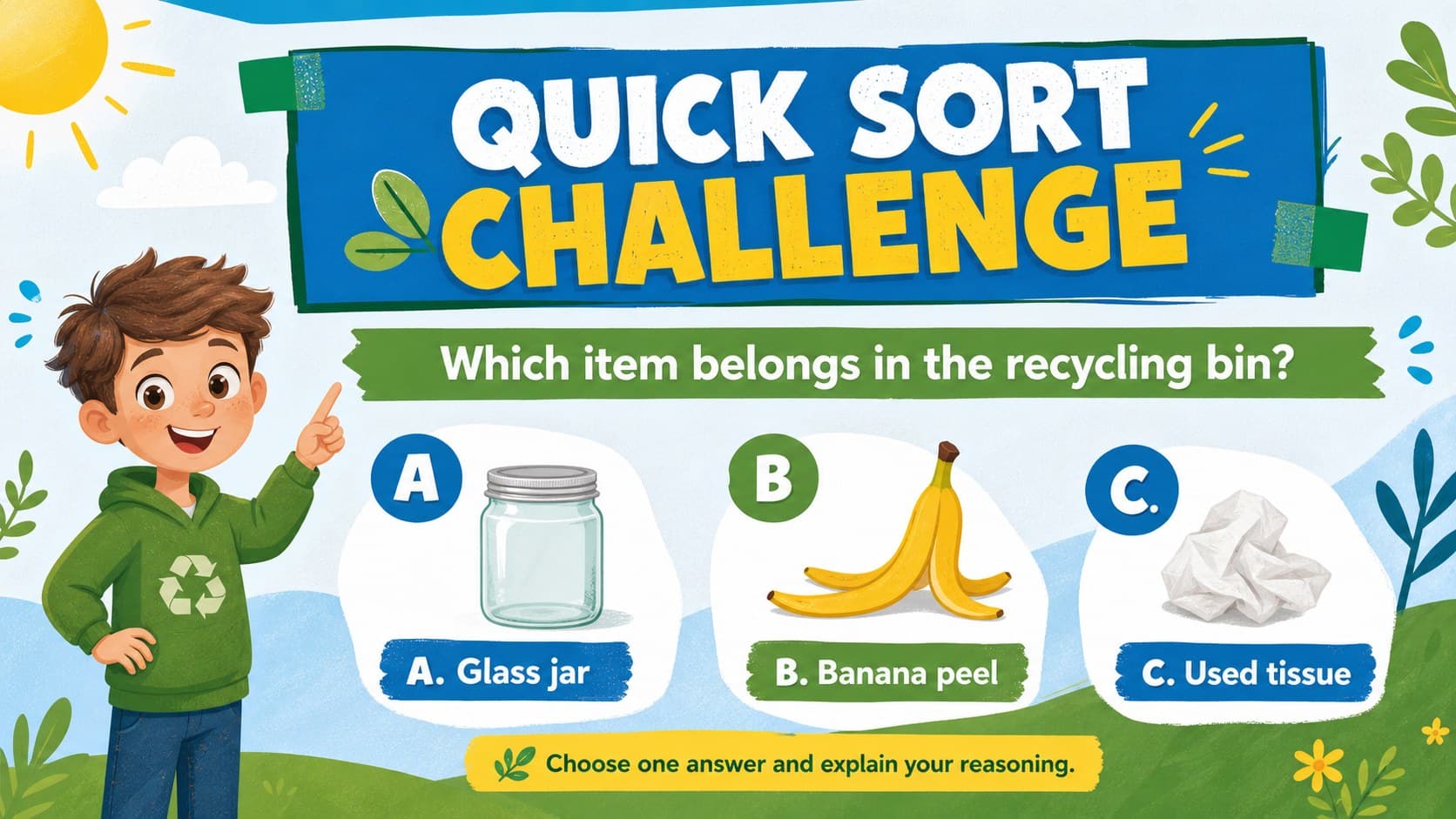 Earth Day classroom trivia slide asking students to identify which everyday item belongs in a recycling bin.