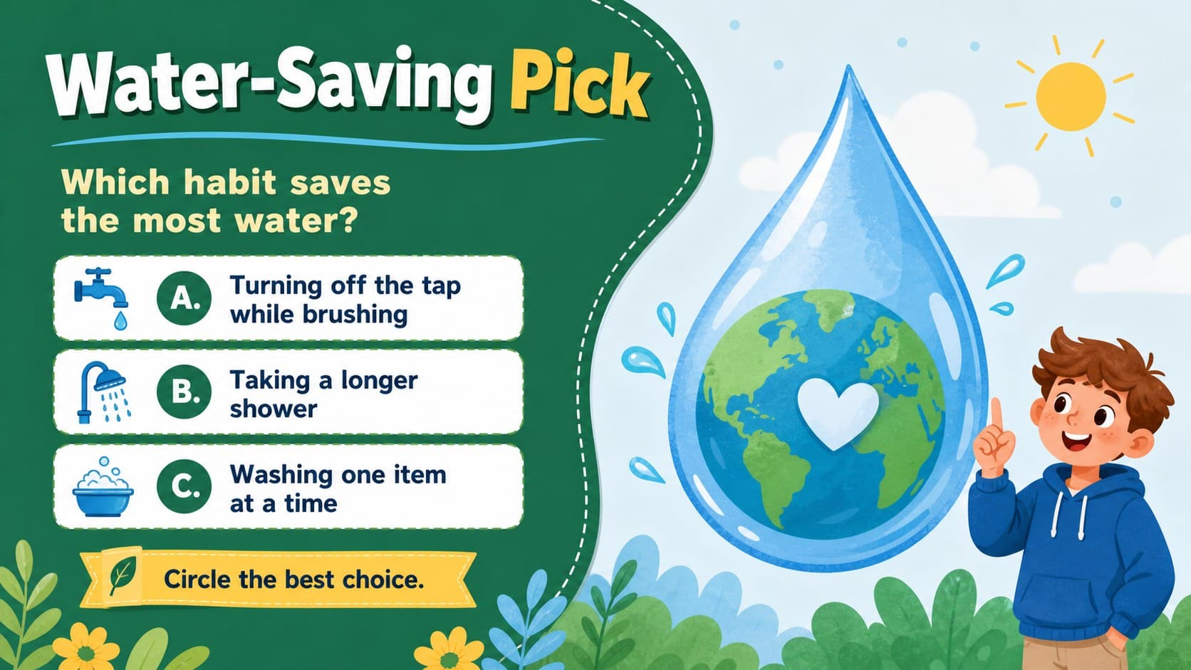 Environmental quiz slide with a multiple-choice question about conserving water during daily routines.