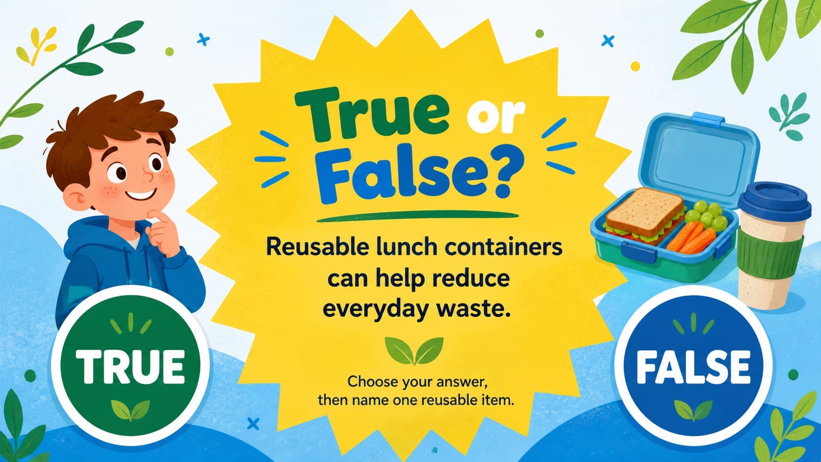 Sustainability true-or-false activity slide about reusable items and reducing classroom waste.
