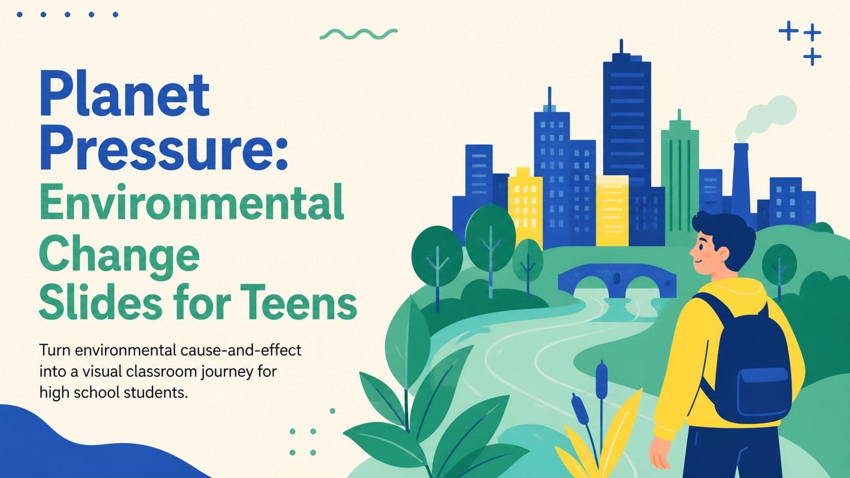 Illustrated cover slide introducing environmental change classroom slides for high school students.