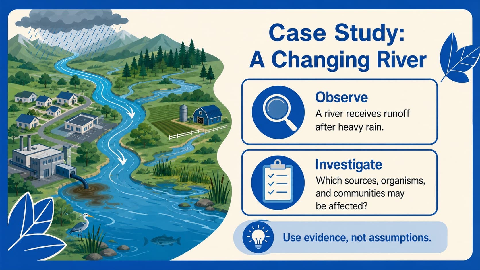 Case study slide presenting a local river pollution investigation for students.