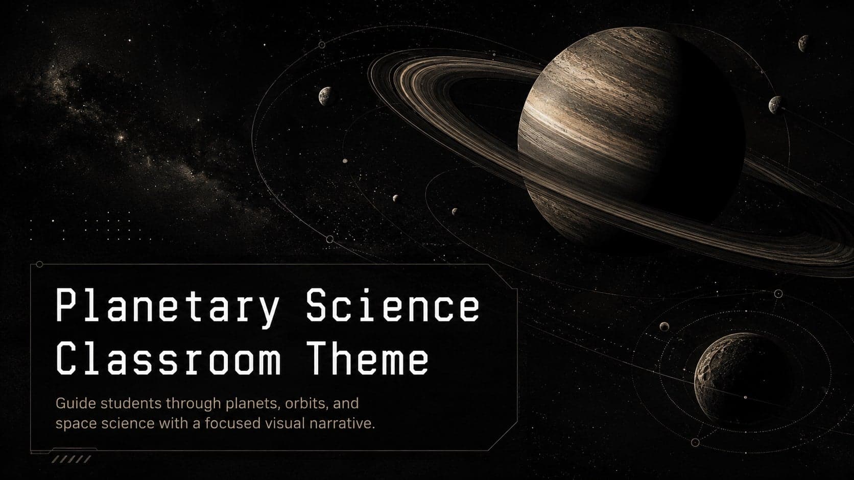 Cover for a planetary science classroom theme with a minimal planet illustration on a black background.