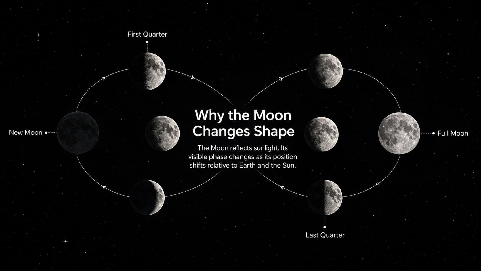 Moon phases diagram presented in a dark space science classroom layout.