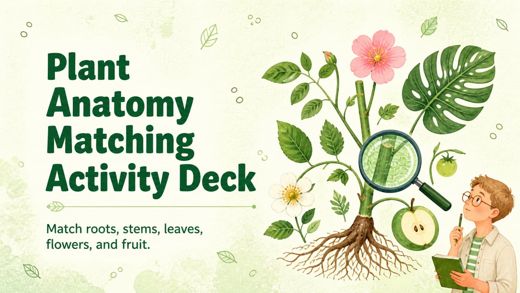 Green illustrated cover for a plant anatomy matching activity deck featuring leaves, roots, flowers, and fruit.