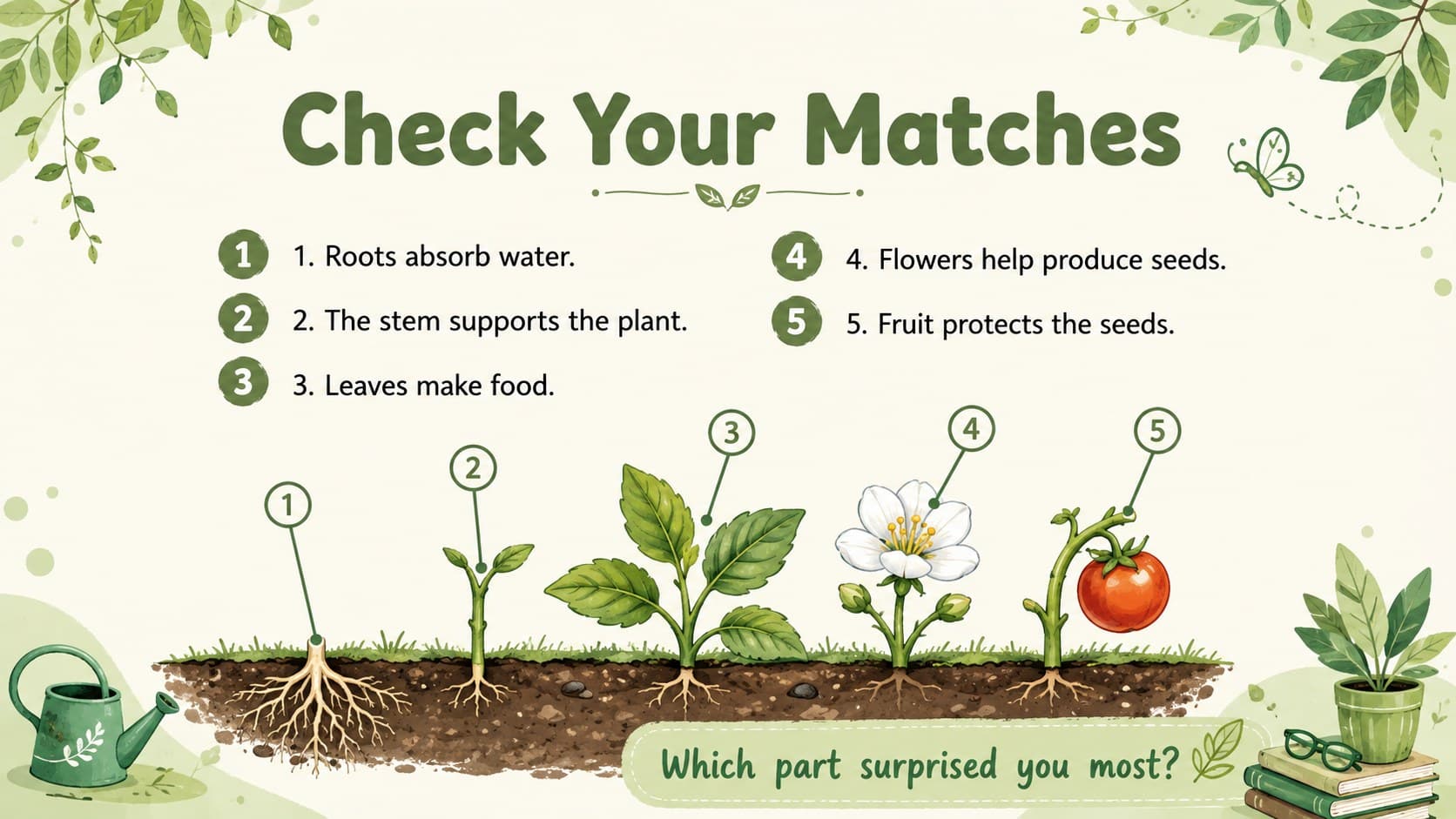 Plant anatomy answer review slide explaining the functions of roots, stems, leaves, flowers, and fruit.