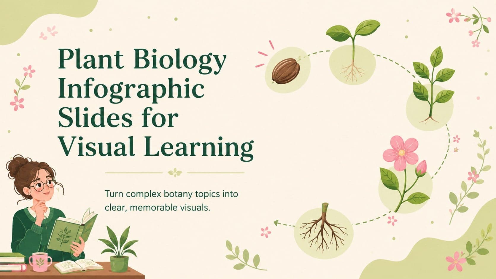Cover for Plant Biology Infographic Slides for Visual Learning with pastel botanical illustrations and labeled leaves.