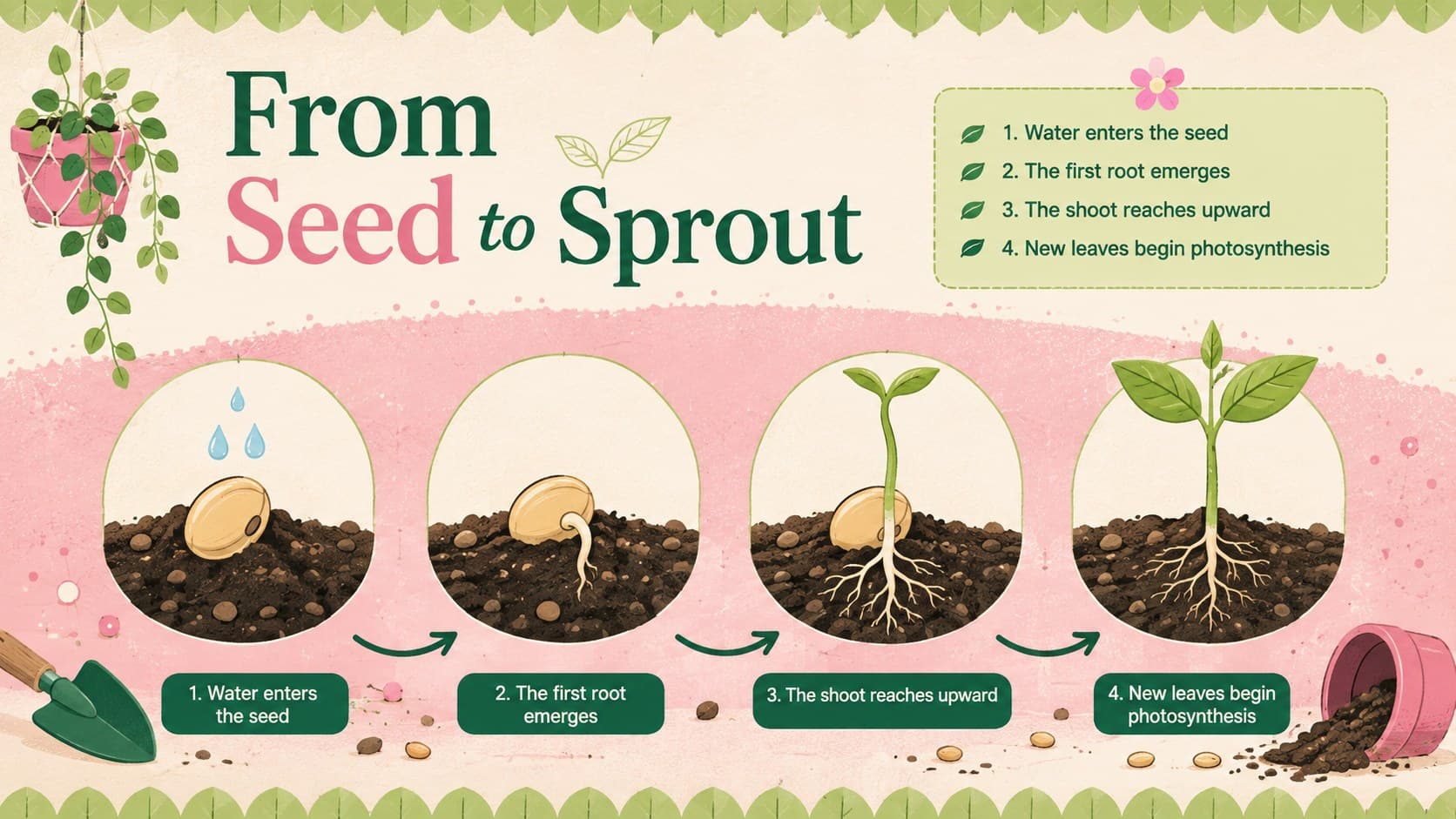 Seed germination infographic for students showing four illustrated stages from seed to young plant.