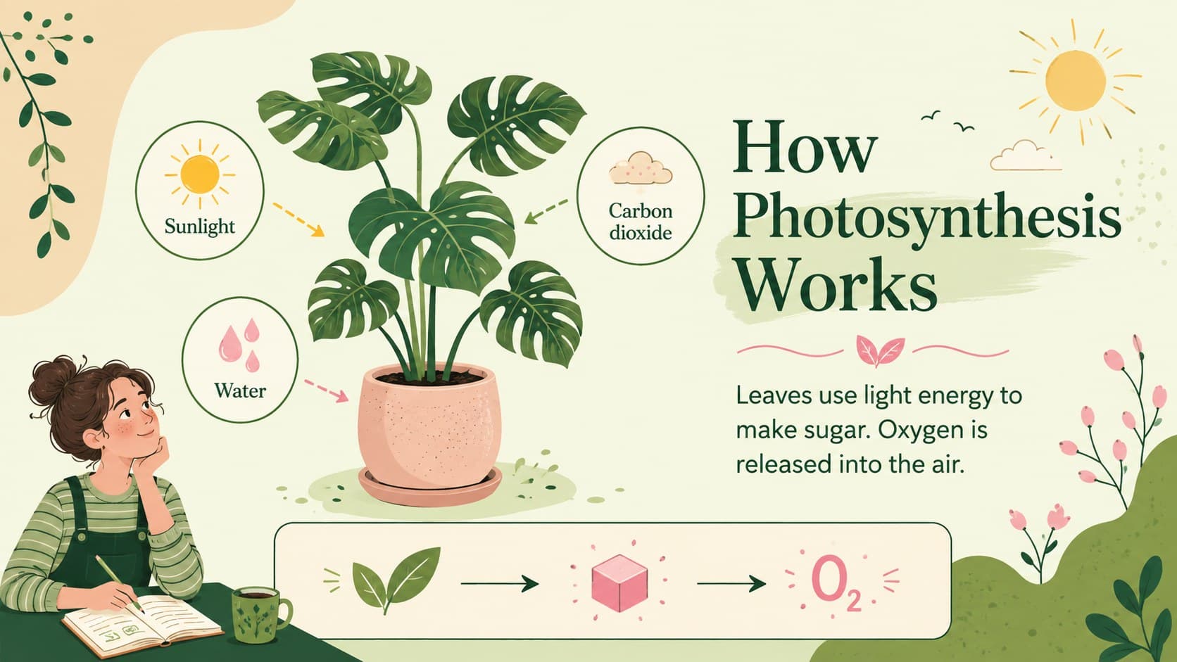 Pastel photosynthesis lesson slide illustrating how sunlight, water, and carbon dioxide help a plant produce sugar and oxygen.