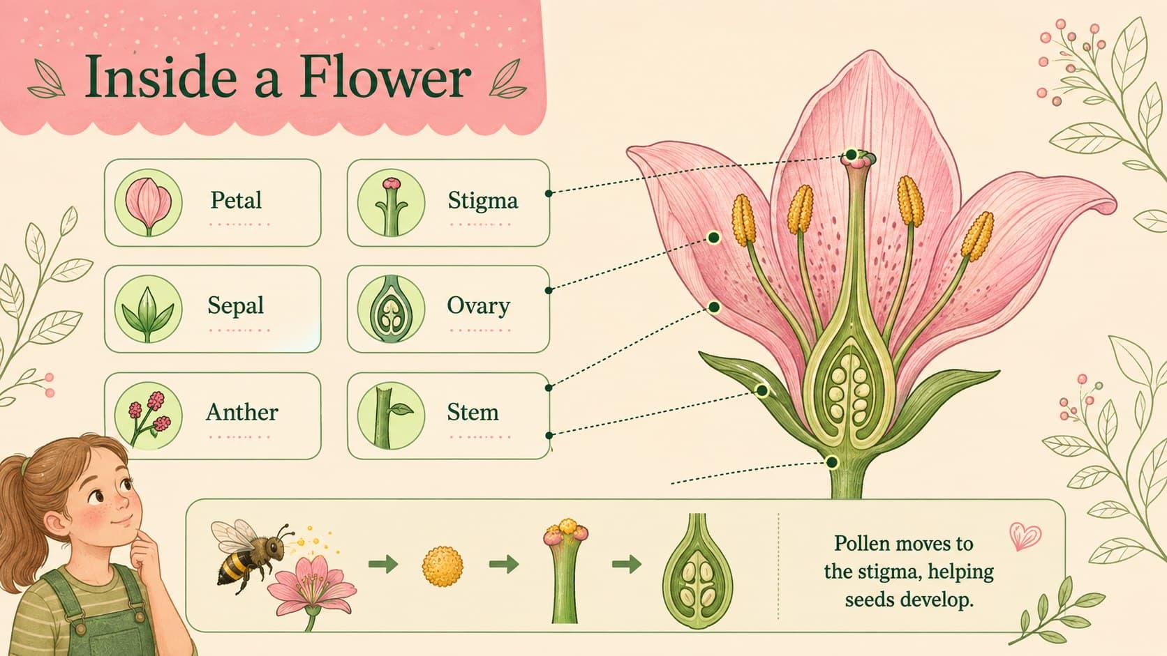 Flower anatomy visual lesson with a large botanical cross-section and concise labels for reproductive plant structures.